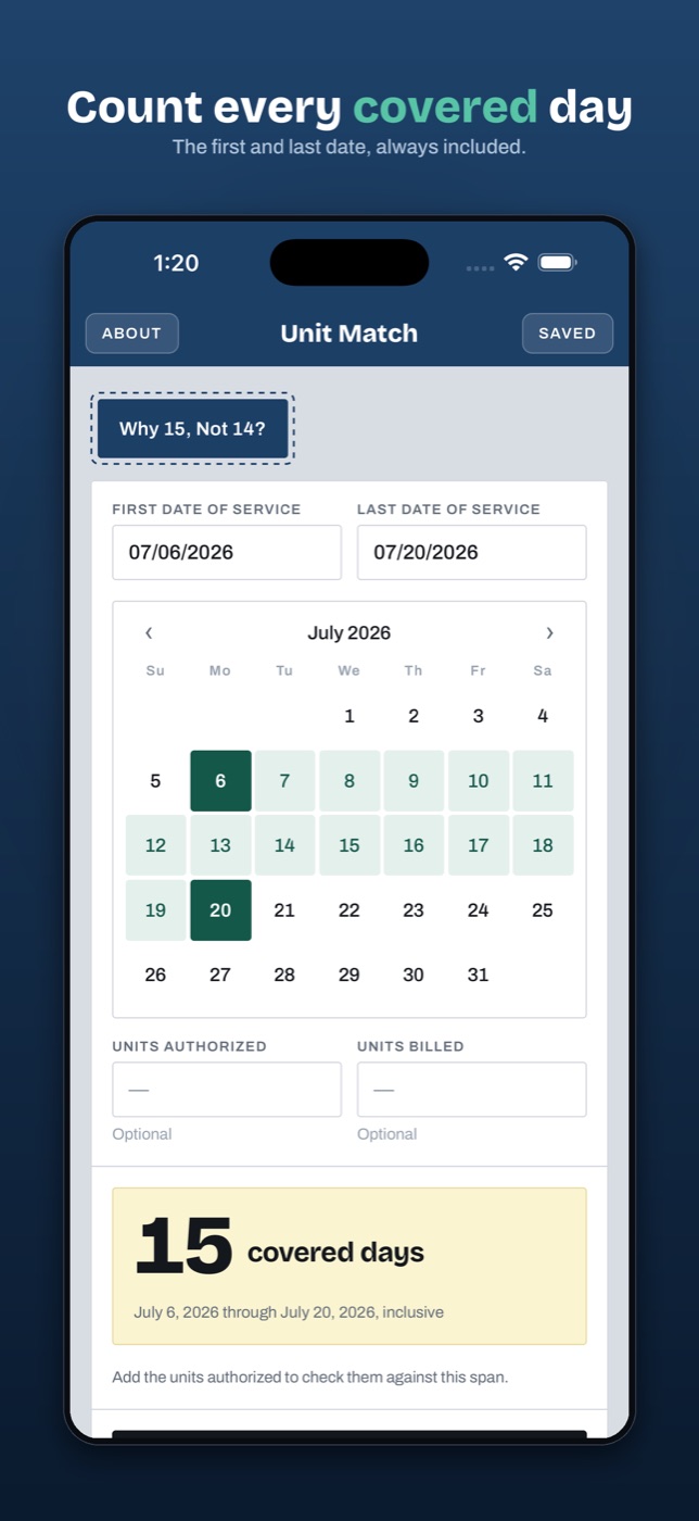 Unit Match on iPhone: the first and last dates of service entered, the covered days shaded on a July calendar, and a count of 15 covered days.